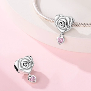 Pink heart rose flower crown charm in silver with zircon stone for DIY bracelet