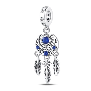 Detail of silver dreamcatcher charm with blue crystals moon and stars for DIY bracelets