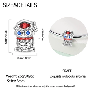 Silver owl bead with red graduation cap and blue zircon eyes, detailed dimension view
