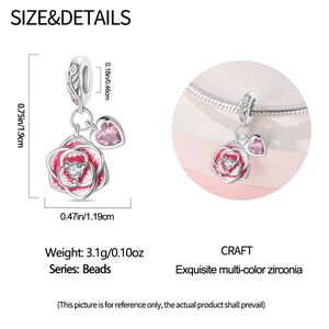 Detailed view of silver rose charm with pink heart zirconia for DIY bracelet