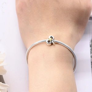 Silver snake chain bracelet featuring a heart and infinity charm with a golden star