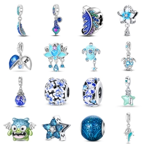 Silver Plated Blue Enamel Feather Sea Turtle Conch Charm Beads Sparkling Zirconia DIY Jewelry Pendant For Bracelet Making Fashion Women Charm