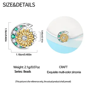 Detailed size chart for sunflower moon bead charm with exquisite multi-color zirconia