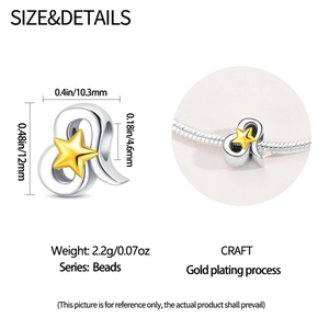 Detailed dimensions of Leo zodiac charm bead in S925 silver with gold star and size specs