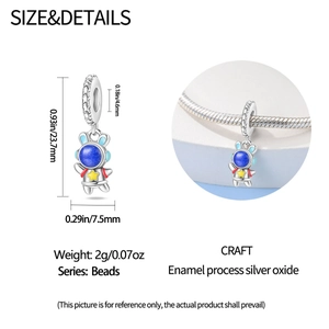 Macro detail of silver astronaut rabbit charm with blue enamel and star engraving