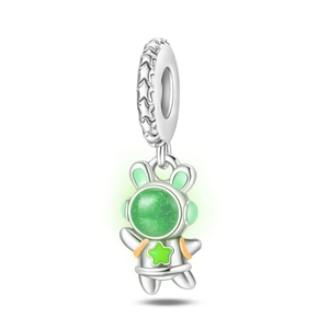 Detailed view of 925 silver astronaut rabbit charm with luminous green glow effect