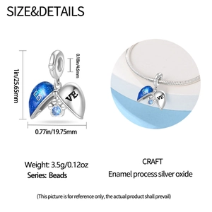 Detail of blue enamel heart charm with LOVE engraving and sizing specs for DIY bracelets