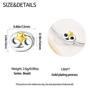 Detail of silver cancer zodiac star charm bead with 10.8mm size on bracelet