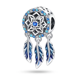 Detailed view of silver dreamcatcher charm with blue crystals and enamel feather pendants