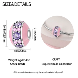 Detail of pink enamel charm bead with zircons and product dimensions on pink background