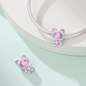 Charmant pendentif chat robot en argent avec émail rose pour bracelets à breloques