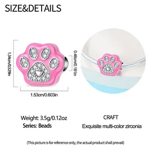 Detailed size chart of pink paw print charm bead with zircon and enamel stones