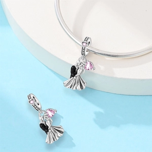 Romantic bride and groom wedding charm in silver finish with pink heart gemstone