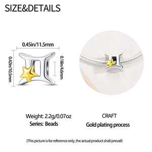Detail of Gemini constellation charm bead showing dimensions and style on snake chain