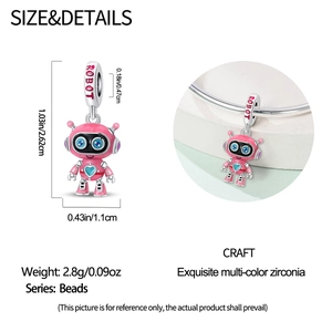 Macro view of pink enamel robot charm with colorful zirconia and robot engraving
