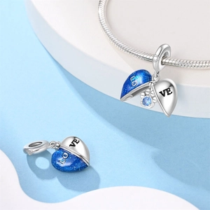 Silver heart LOVE charm with blue starry enamel and sparkling blue rhinestone paw print