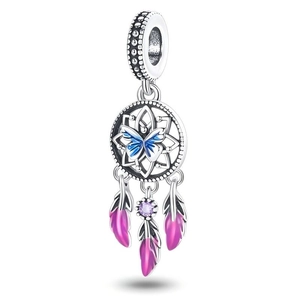 Detailed view of silver dreamcatcher charm with blue butterfly and pink feather pendants