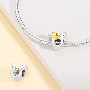 Macro detail of Taurus zodiac charm with gold star accent and Taurus engraving
