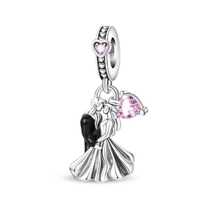Detailed wedding charm featuring groom and bride with pink heart zircon stones