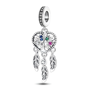 Detailed silver tree of life heart charm with colorful stones and feather pendants