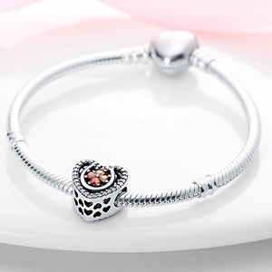 Macro view of silver snake chain bracelet with heart clasp and orange clover charm