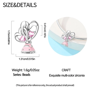 Detail view of silver heart charm with pink zircon and car pendant showing 1.73cm height