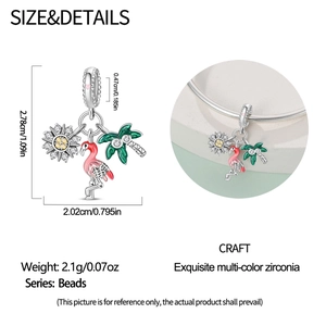 Macro detail of silver charms with pink enamel and zirconia for DIY bracelets