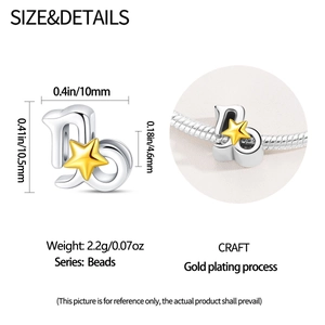 Silver zodiac charm size detail with gold star plating and 4.6mm hole for DIY bracelets