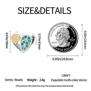 Detailed size chart of sunflower horseshoe bead showing 10mm height versus a US quarter coin