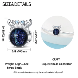 Spécifications de taille du charm crabe en argent avec pierre bleue et dimensions détaillées