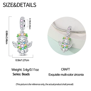 Detailed view of silver angel charm bead with colorful crystals and dimensions