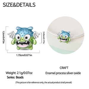 Detailed specs of blue enamel monster bead with dimensions 1.2cm x 1.7cm and silver weight