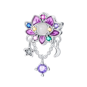 Colorful lotus flower charm with moon and star pendants in silver-plated copper for DIY bracelets