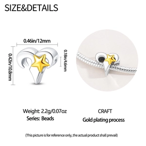 Detailed size specifications for silver Aries zodiac charm bead with gold star accent