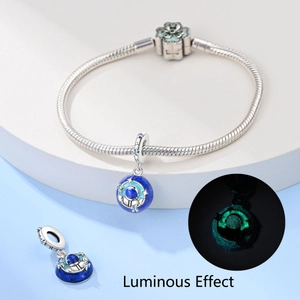 Luminous 925 silver plated astronaut and blue planet charm bead on snake chain bracelet