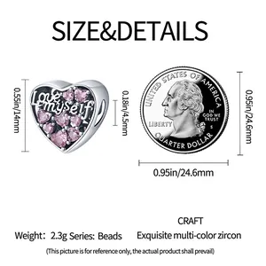 Detailed size guide for heart-shaped bead charm with pink zircons and Love myself engraving
