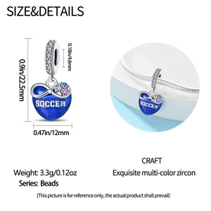 Soccer heart charm in blue enamel and zircon for DIY bracelets with silver finish