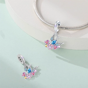 Silver swallow charm bead with blue stone and floral enamel pattern for DIY bracelets