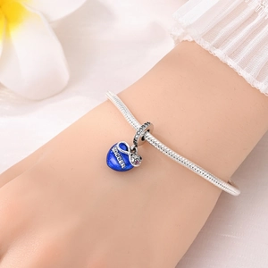 Soccer charm bracelet with blue heart bead and silver snake chain for football fans