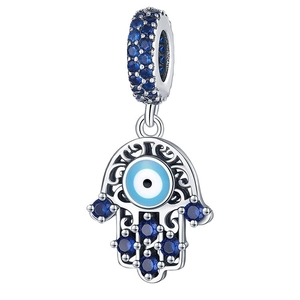 Hamsa hand bedeltje met blauw boze oog en fonkelende steentjes voor DIY armbanden in zilver