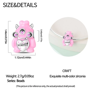Pink enamel monster charm with zircon eyes and MONSTER engraving for DIY jewelry