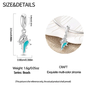 Technical dimensions of silver conch shell charm with blue enamel and zircon detail