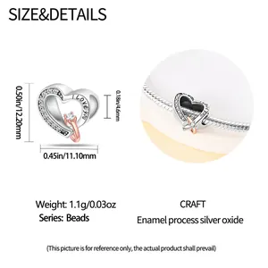 Size specifications for heart bead charm with dimensions 12.2mm by 11.1mm and I Love You engraving