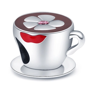 Kaffeetasse-Charm aus Silber mit rosa Zirkon-Blume und roten Lippen für DIY-Schmuck