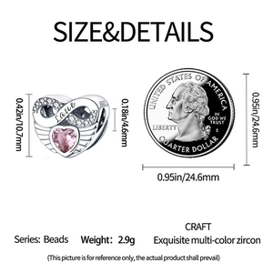 Detailed size comparison of a S925 silver heart charm with Love engraving and pink zircon