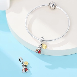 Detail of silver bracelet with money bag charm featuring colorful zircons and a gold dollar coin