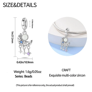Detailed size and dimension view of celestial moon bead charm with dangling shooting stars