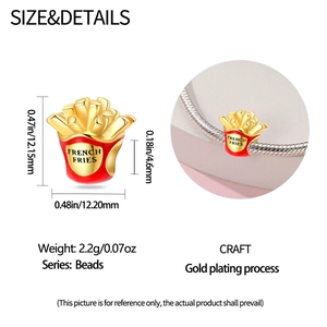 Macro detail of red fries charm bead with gold plating and specific dimensions info