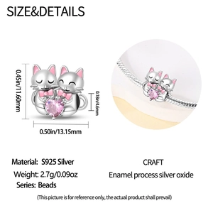Spécifications détaillées de taille pour le charm deux chats en argent et cœur rose