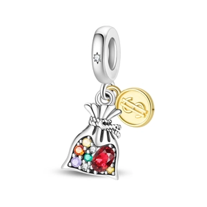 Detailed view of silver money bag charm with colorful stones and hanging gold dollar coin